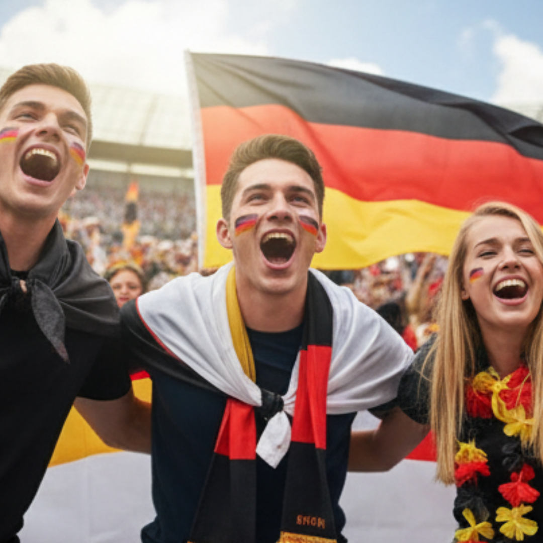 Drei Fans jubeln mit Deutschlandflagge und Gesichtsbemalung im Stadion.
