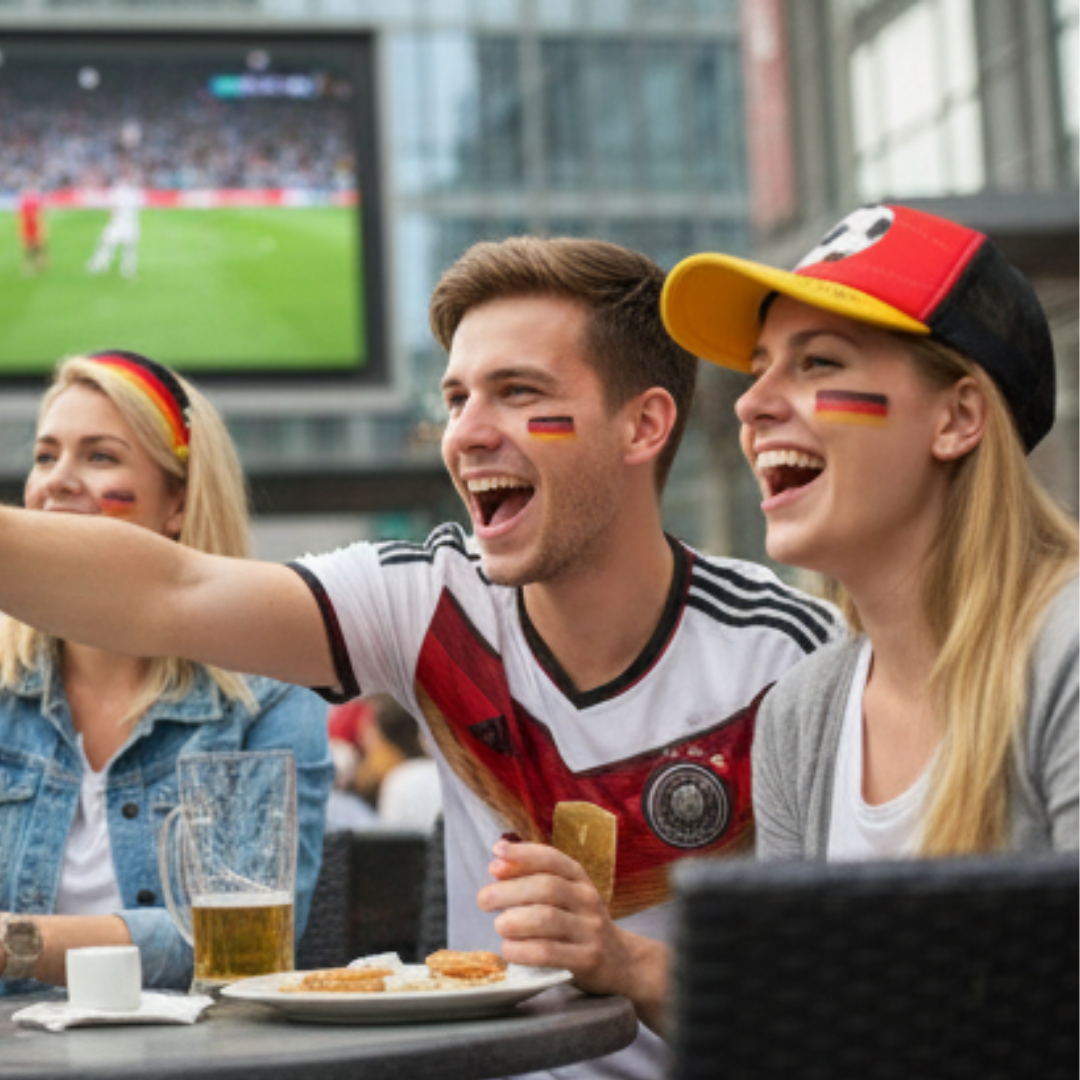 Drei lachende Fans mit Deutschlandflaggen im Gesicht schauen auf einen Bildschirm.