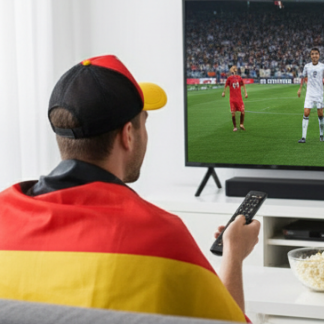 Mann in Deutschland-Flagge schaut Fußball, hält Fernbedienung.