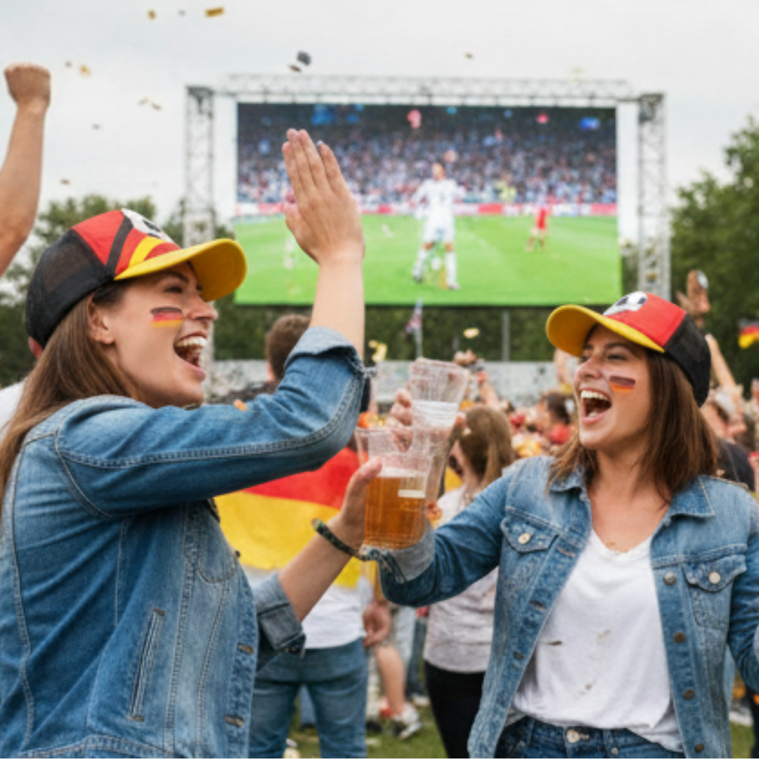 Fans jubeln, tragen Deutschlandflaggen-Gesichtsbemalung und Hüte, schauen ein Fußballspiel auf Großbildleinwand.