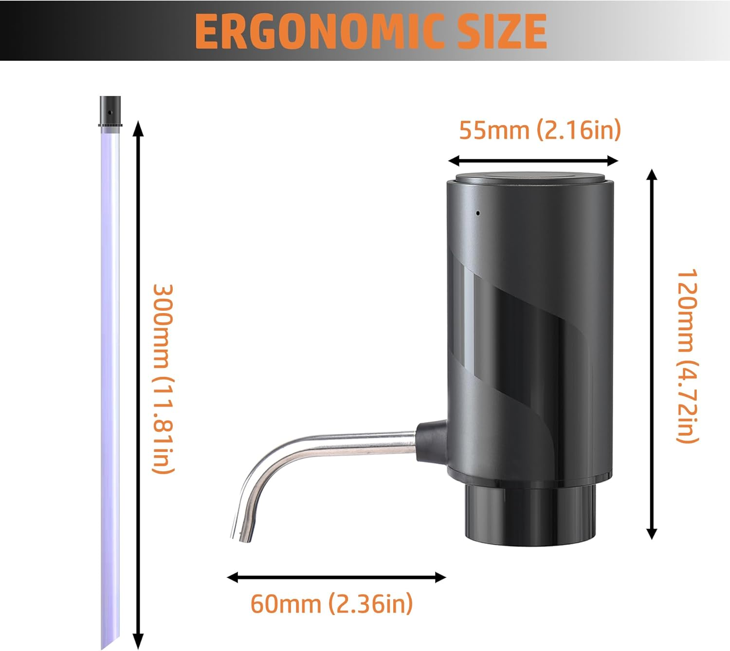 Schwarzer Wasserpumpenaufsatz mit Maßen: 55x120mm. Schlauch 60mm. Lila Stab 300mm.