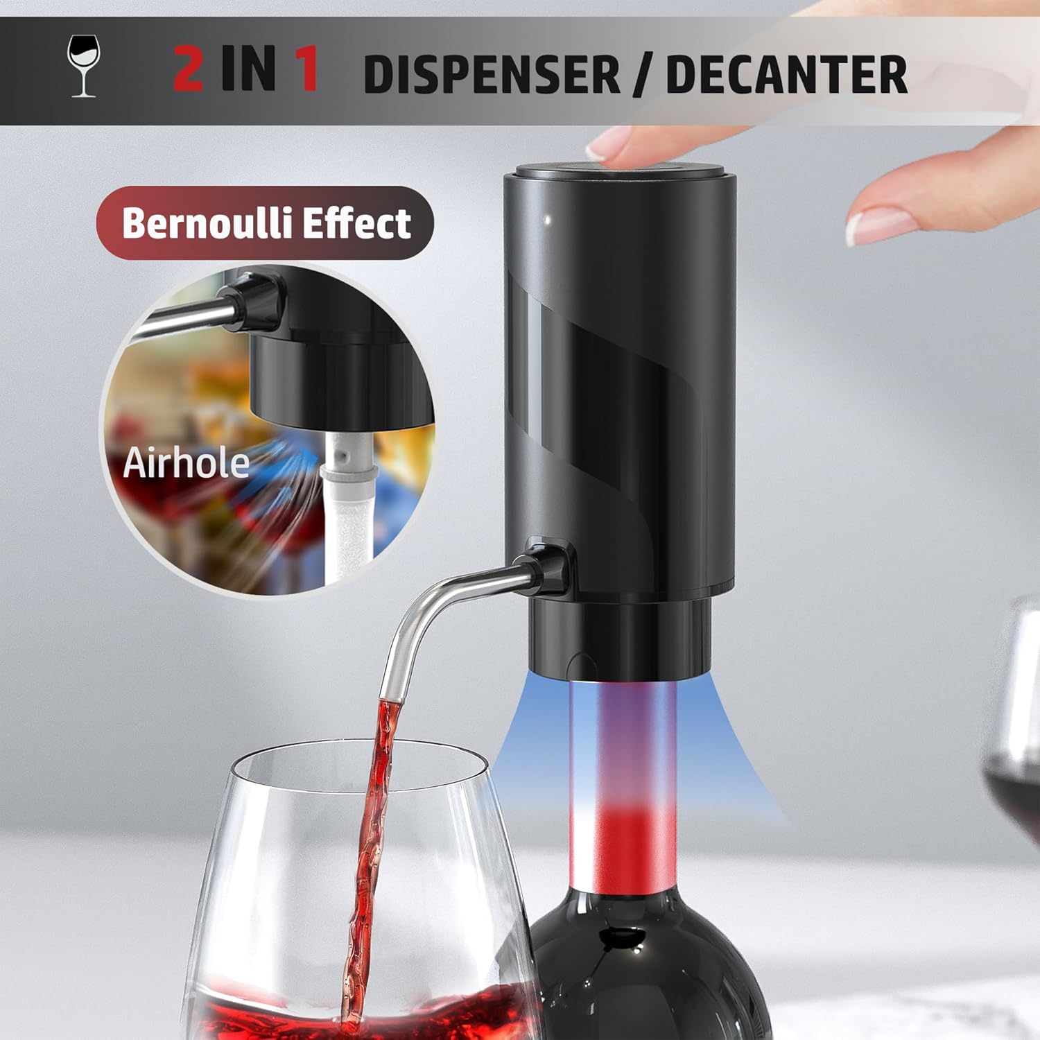 Elektrischer Weindispenser schenkt Rotwein in ein Glas. Bernoulli-Effekt gezeigt.