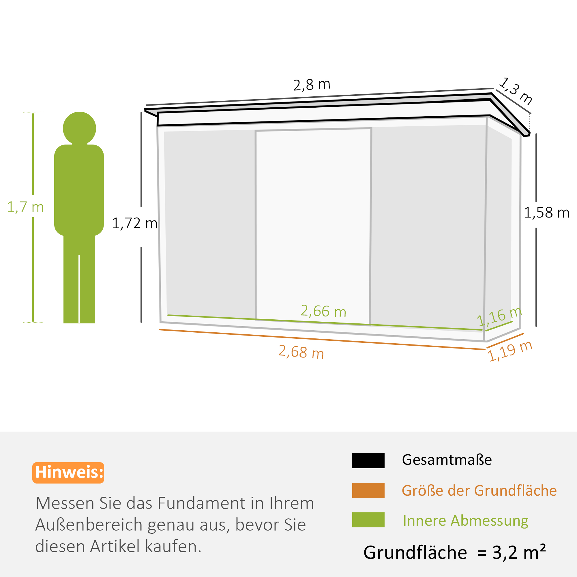 Illustration eines Schuppens mit Maßen und einer Personenfigur. Grundfläche 3,2 m².