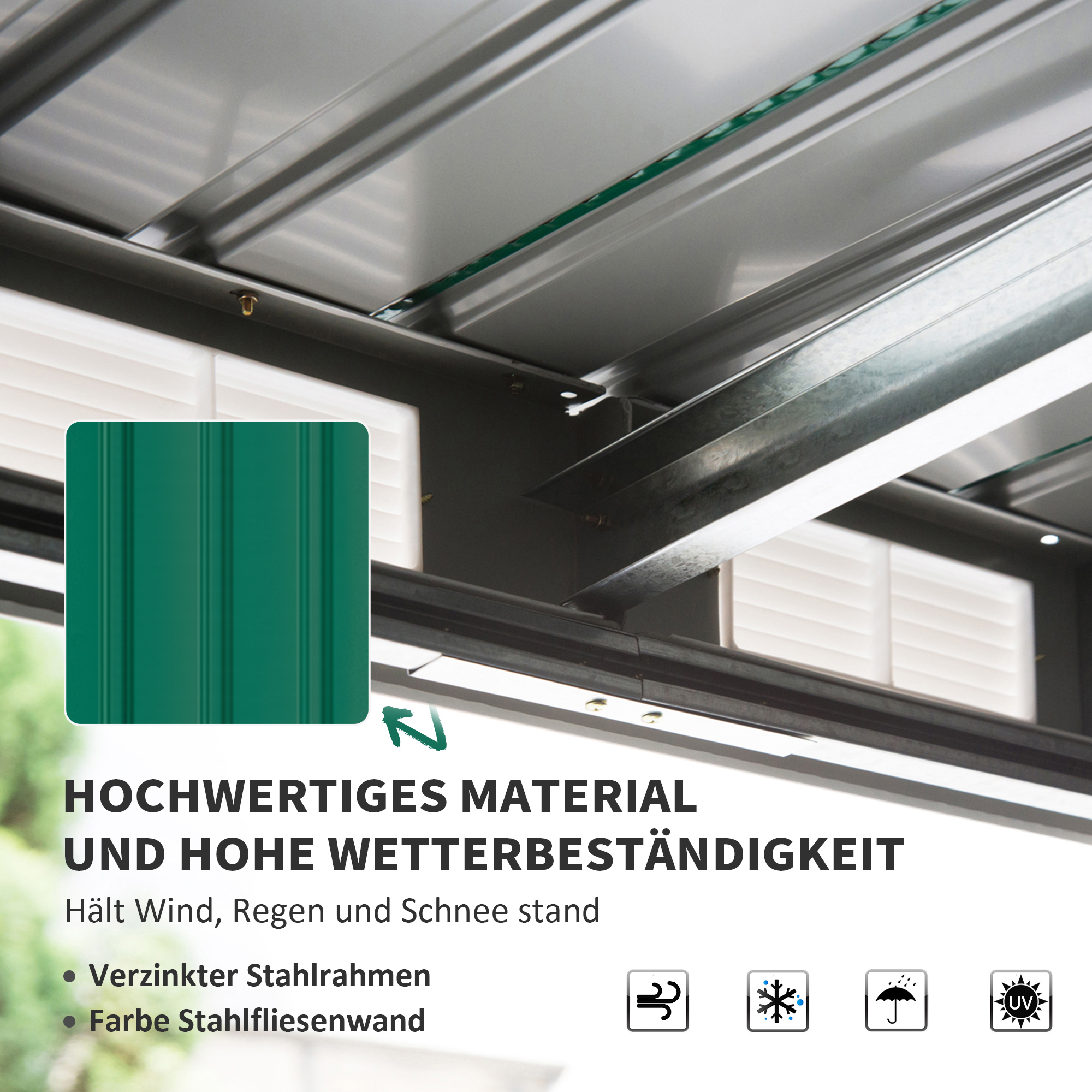 Detailaufnahme einer grünen Metallwand mit Symbolen für Wind-, Schnee-, Regen- und UV-Schutz.