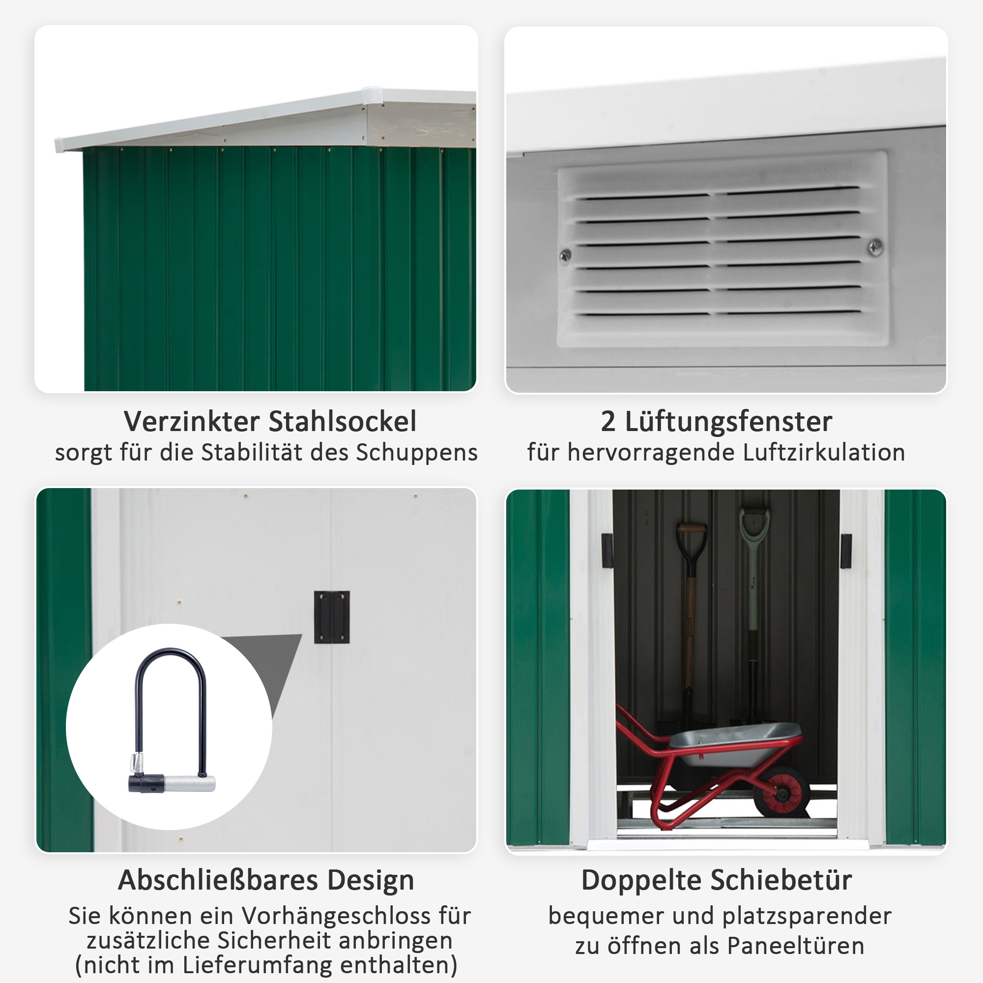 Grüner Schuppen mit Details: Sockel, Lüftung, Schloss und Schiebetür.