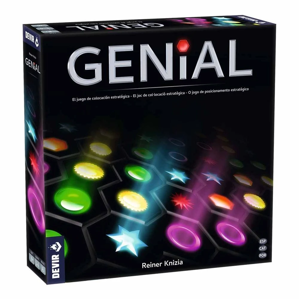 Caja del juego de mesa Genial con piezas coloridas sobre fondo negro.