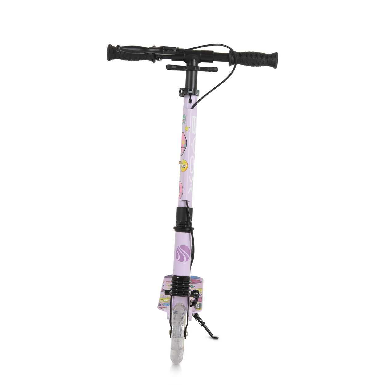 Ein lila Roller mit bunten Aufklebern und Klarsichträdern.