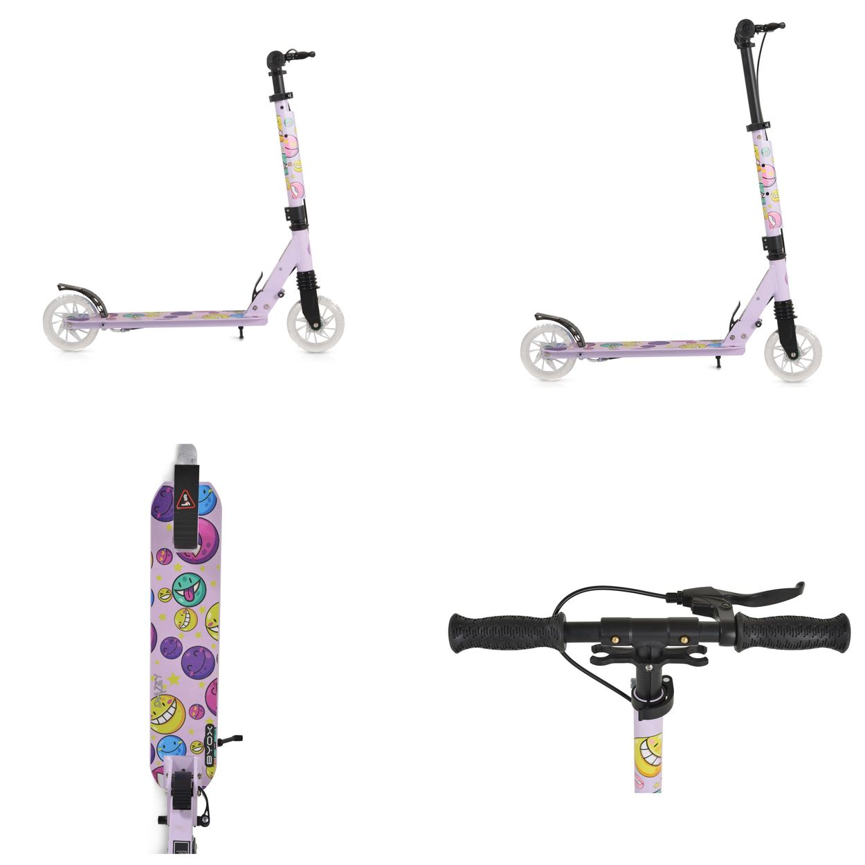 Lila Roller mit Smiley-Aufklebern, zwei Rädern und Lenker.