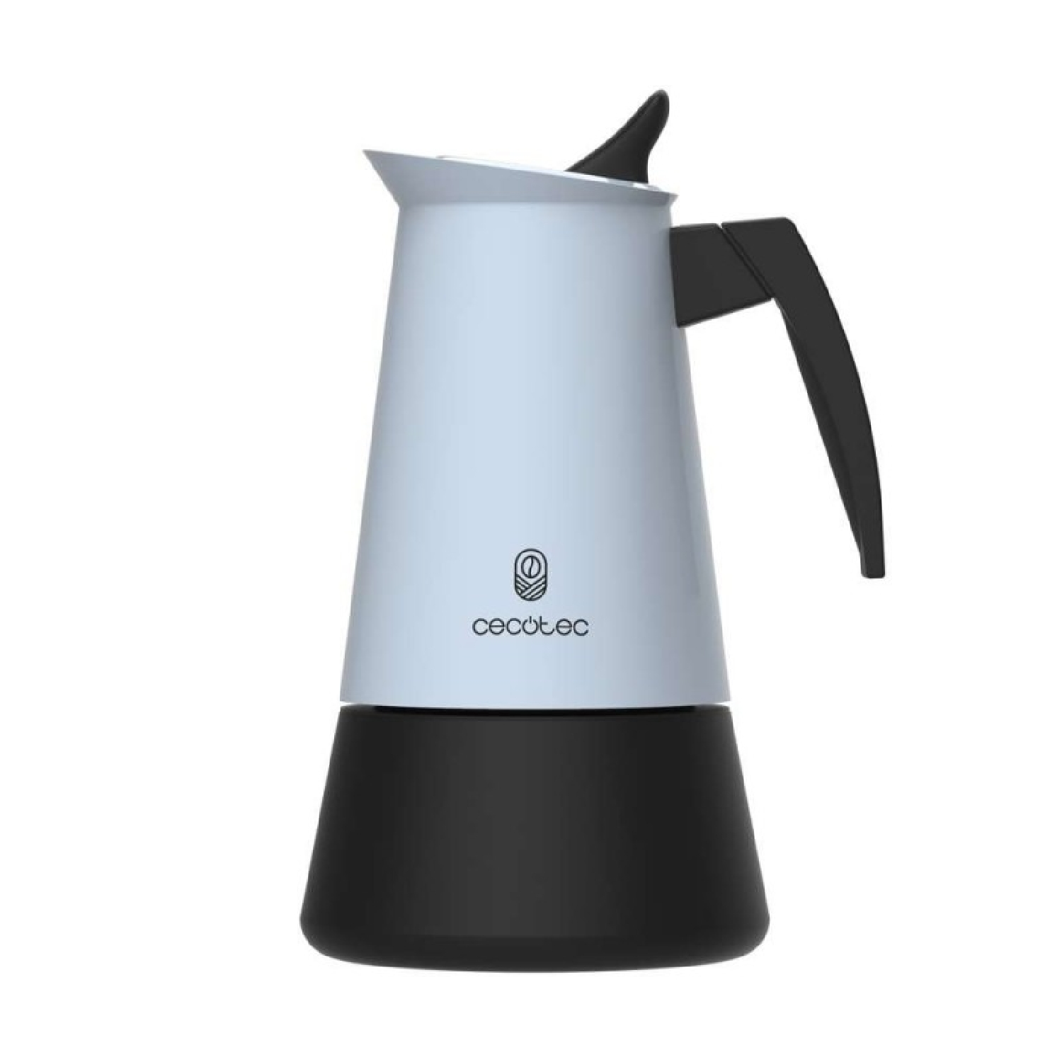 Una caffettiera azzurra con manico e base neri.
