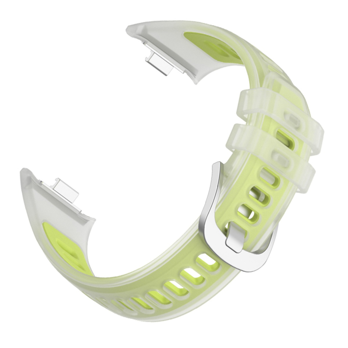Ein hellgrünes Armband mit klaren Halterungen und silberner Schnalle.