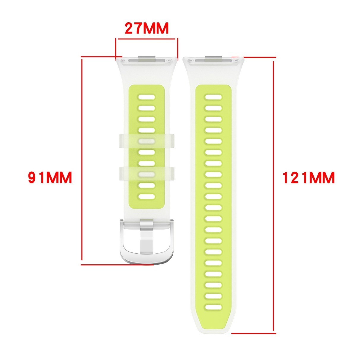 Zwei weiße und hellgrüne Uhrenarmbänder mit Maßen 91mm und 27mm.