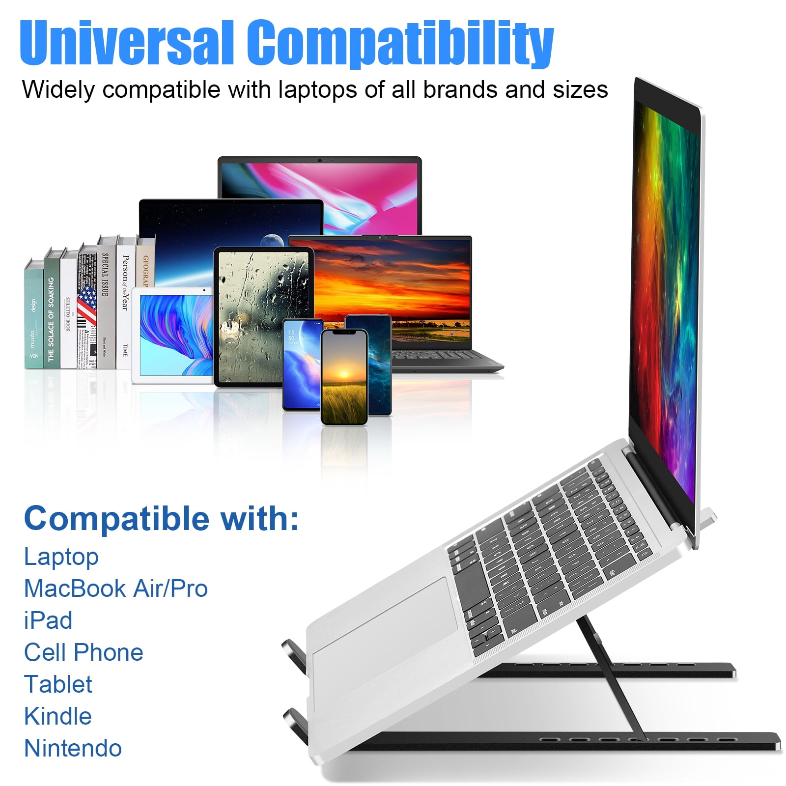 Ein Laptopständer mit mehreren Geräten wie Laptops, Tablets und Handys.