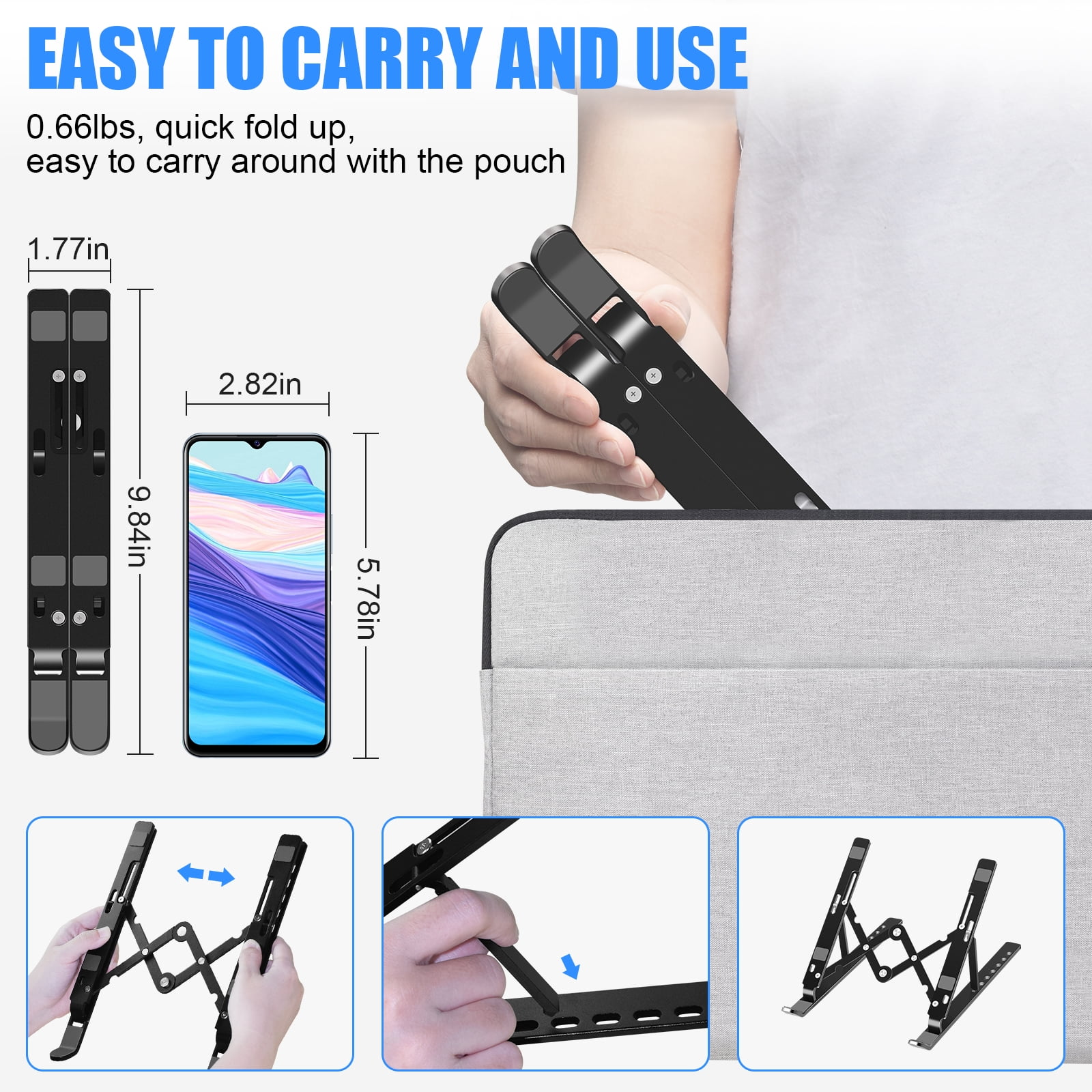 Ein zusammenklappbarer Laptopständer aus schwarzem Metall wird in eine graue Tasche gesteckt.