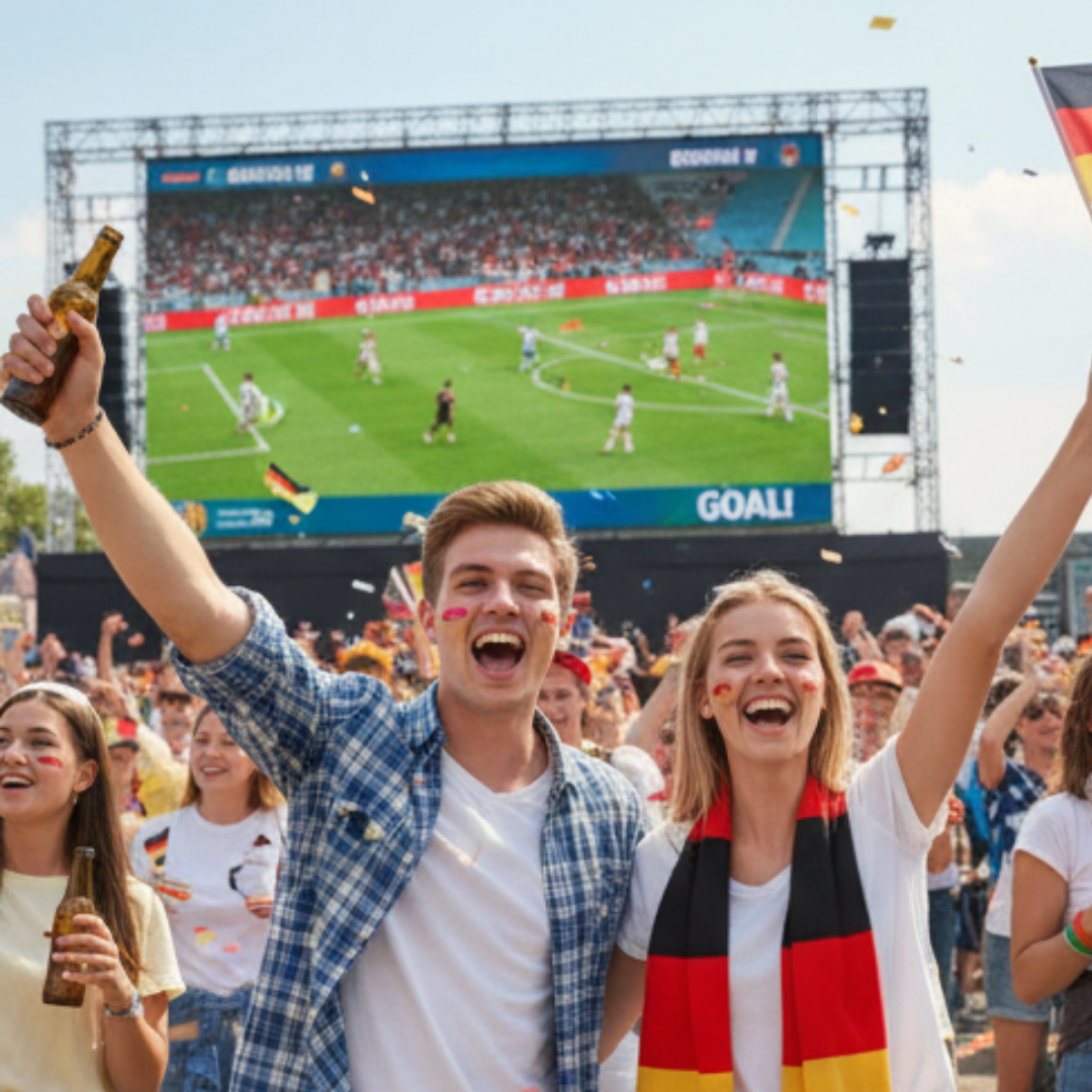 Fans jubeln vor einer großen Leinwand, die ein Fußballspiel zeigt. Deutsche Flaggen sind sichtbar.
