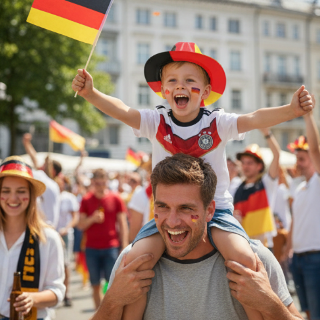 Ein Junge mit Deutschlandflagge auf den Schultern seines Vaters, umgeben von Fans.