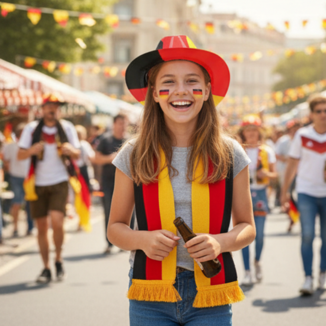 Ein Mädchen mit Deutschland-Schal und Hut lacht und hält Bier in einer Menschenmenge.