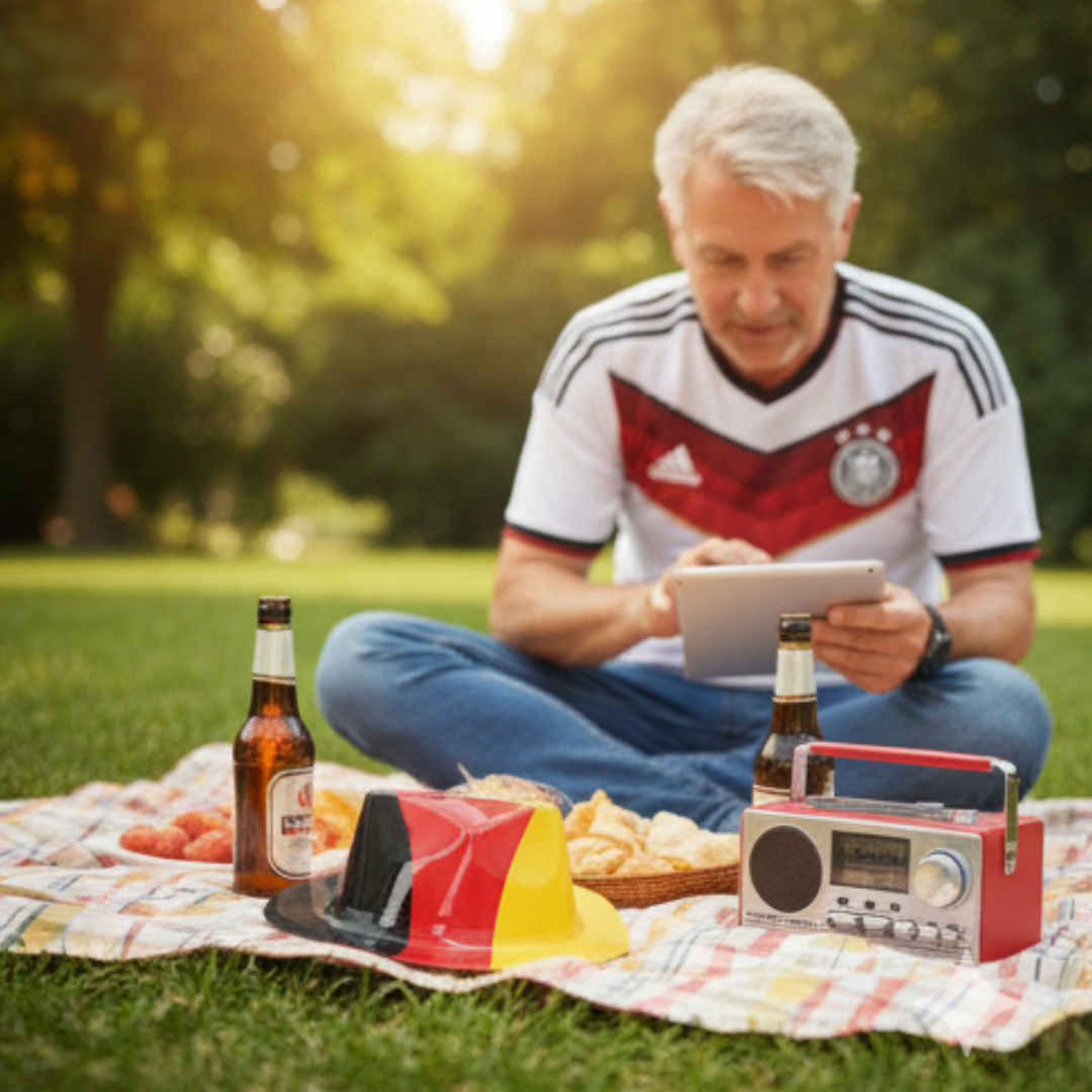 Mann im Deutschland-Trikot sitzt im Park auf einer Decke und benutzt ein Tablet. Bier, Hut, Radio.