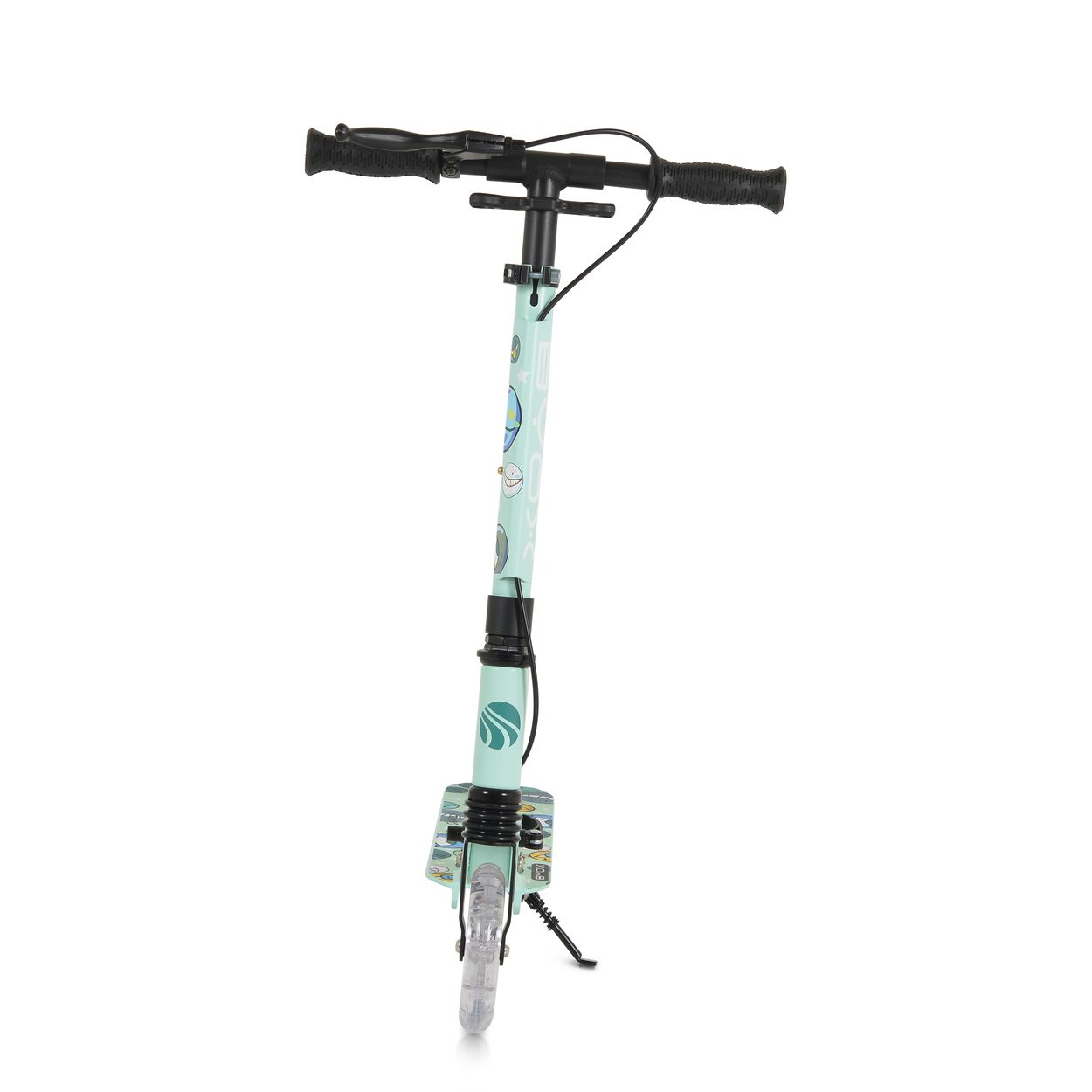 Ein mintgrüner Roller mit schwarzen Griffen und transparenten Rädern.