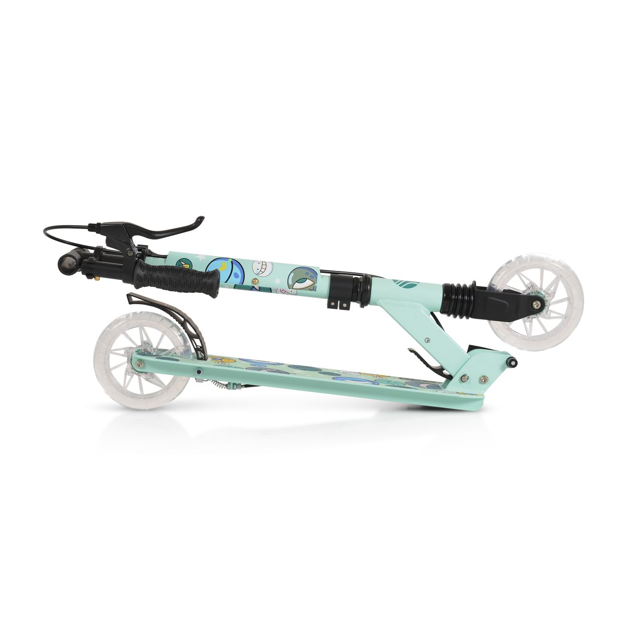 Ein mintgrüner Roller mit transparenten Rädern und Weltraummotiven.