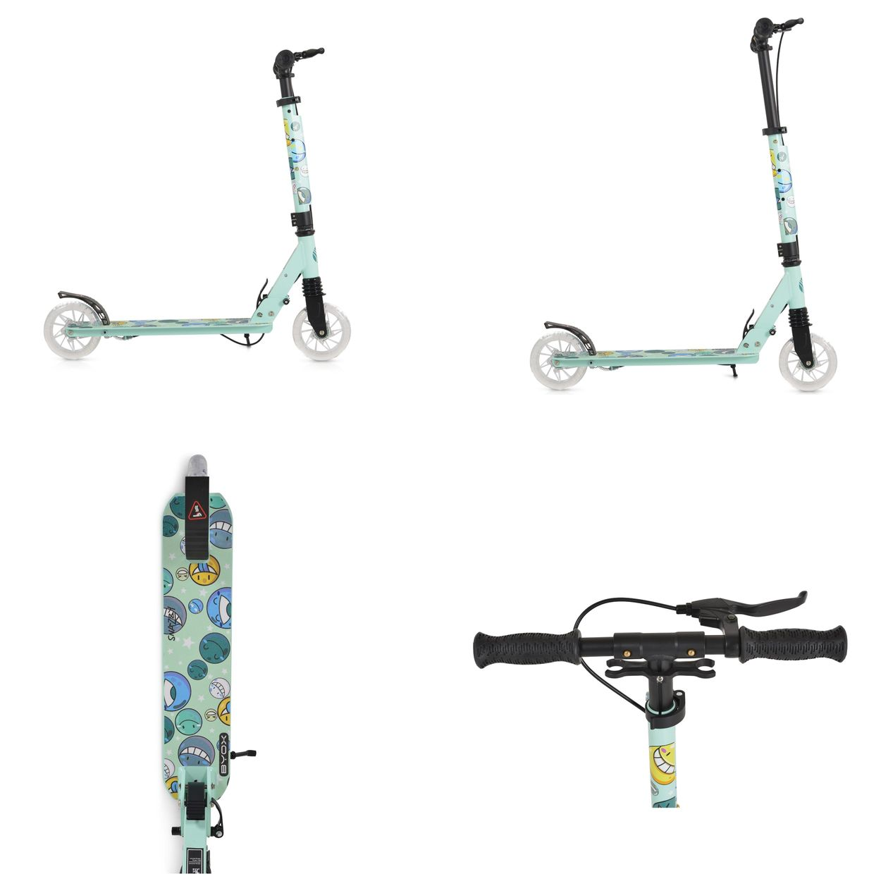 Hellblaue Tretroller mit lustigem Emoji-Aufdruck, Vorderansicht, Seitenansicht und Lenker.