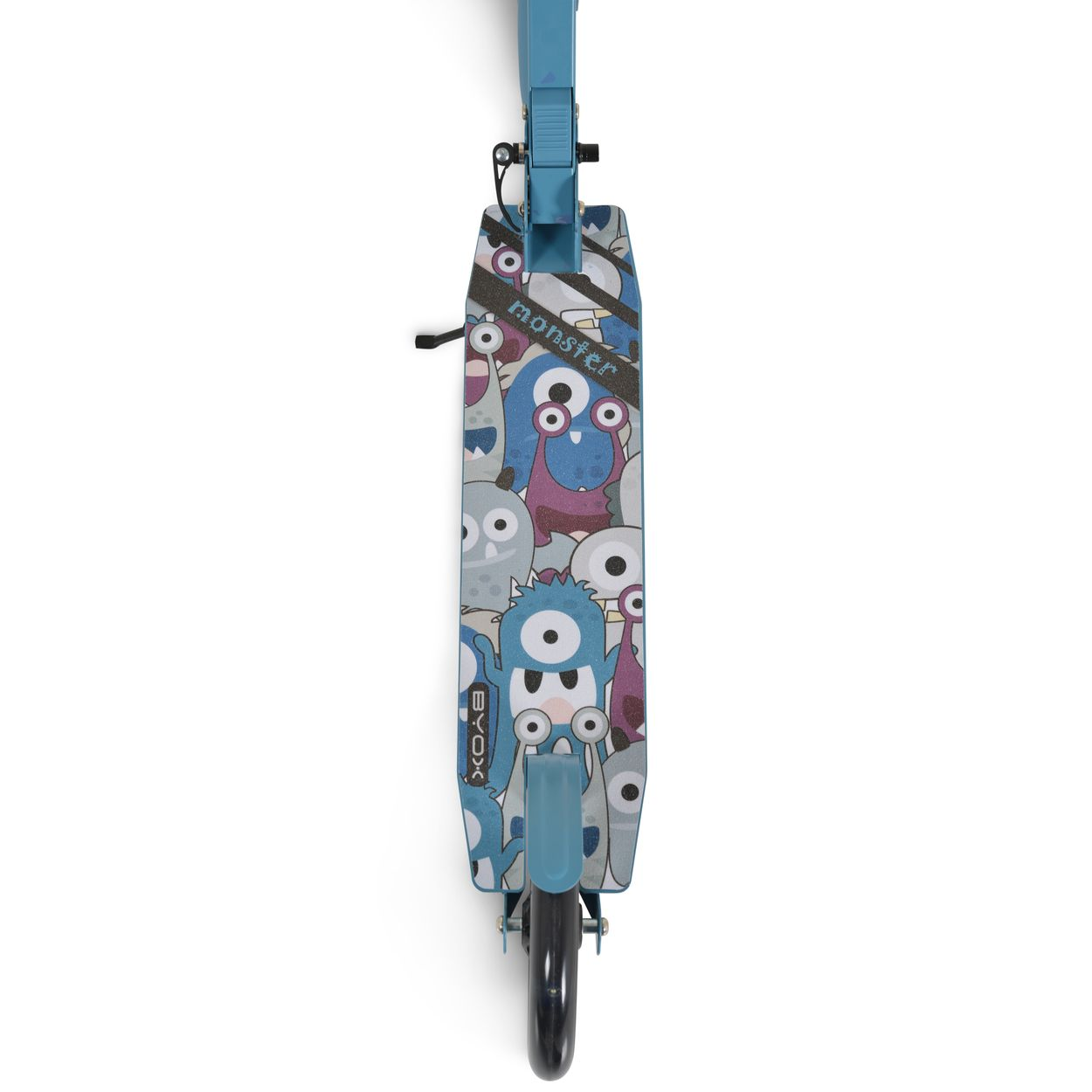 Blauer Roller mit Monster-Aufdruck und dem Wort 