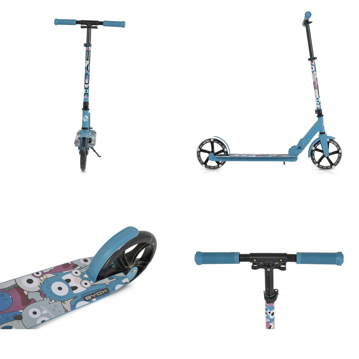 Blauer Roller mit Cartoon-Monster-Muster. Verfügt über zwei Räder und Lenker.