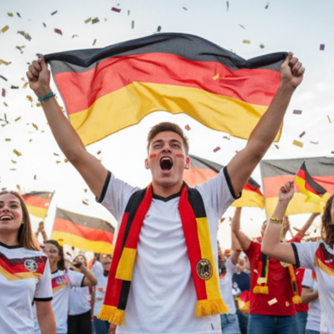 Fans jubeln mit deutschen Fahnen und fallendem Konfetti. Ein junger Mann schreit aufgeregt.