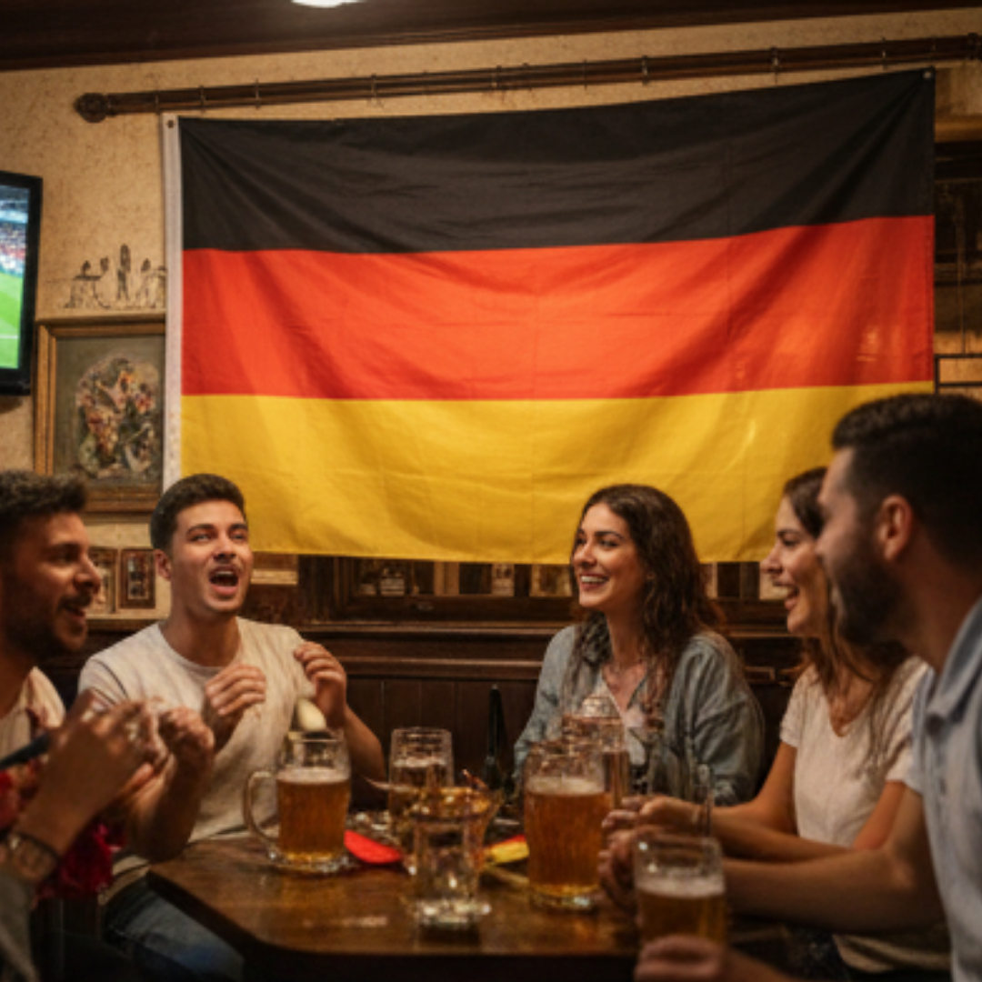 Freunde trinken Bier vor der deutschen Flagge in einer Kneipe.