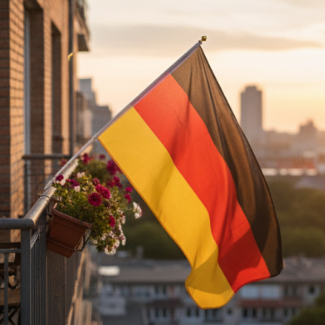 Deutsche Flagge weht auf einem Balkon mit Blumen im Sonnenuntergang.