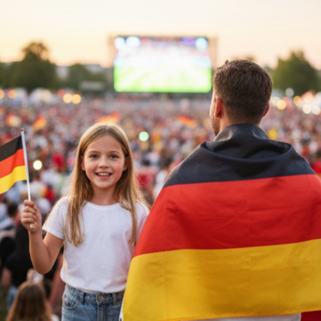 Mädchen mit Deutschlandflagge vor jubelnder Menge, Mann mit Flagge auf Rücken.