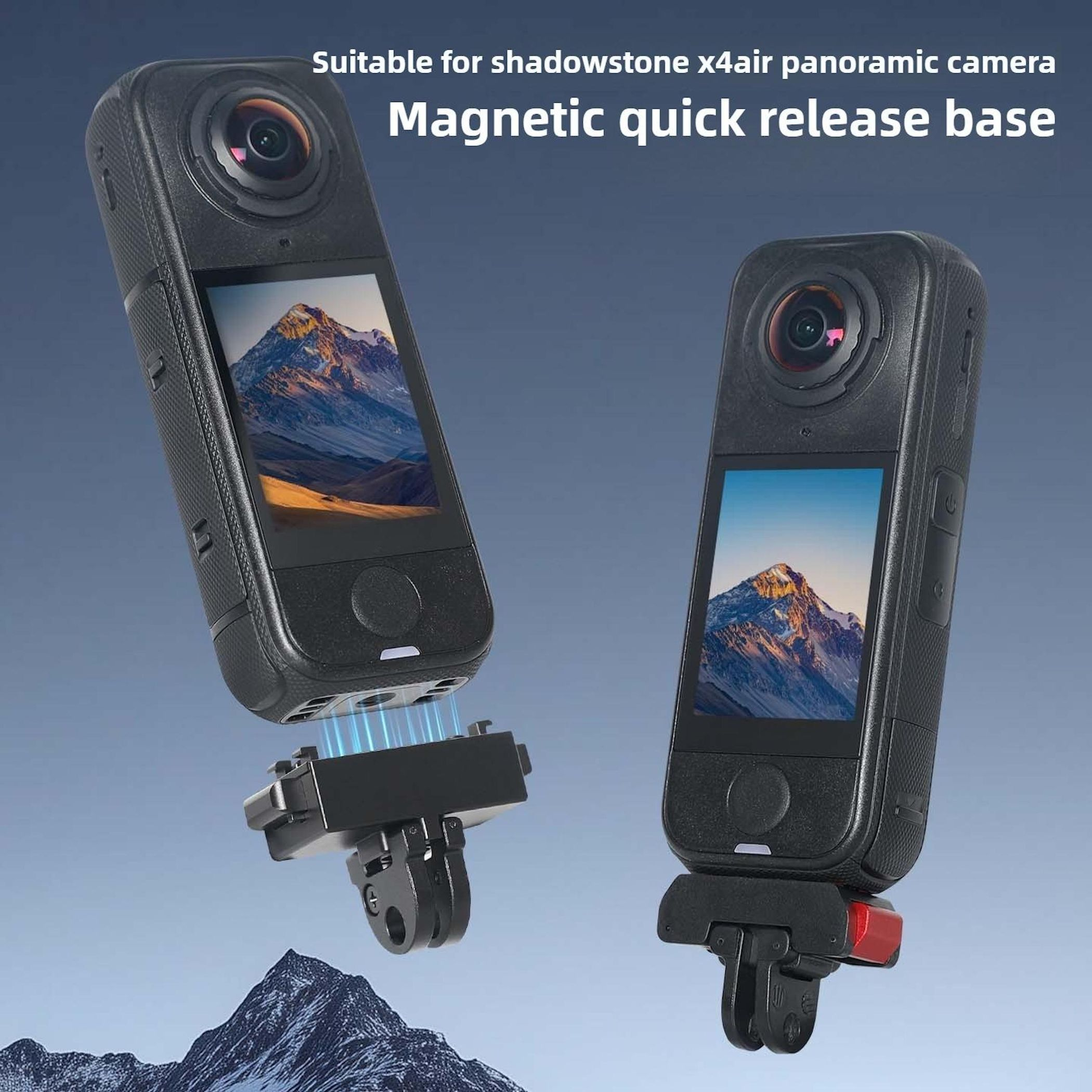 Due fotocamere nere mostrano paesaggi montani. Una si attacca magneticamente a una base.