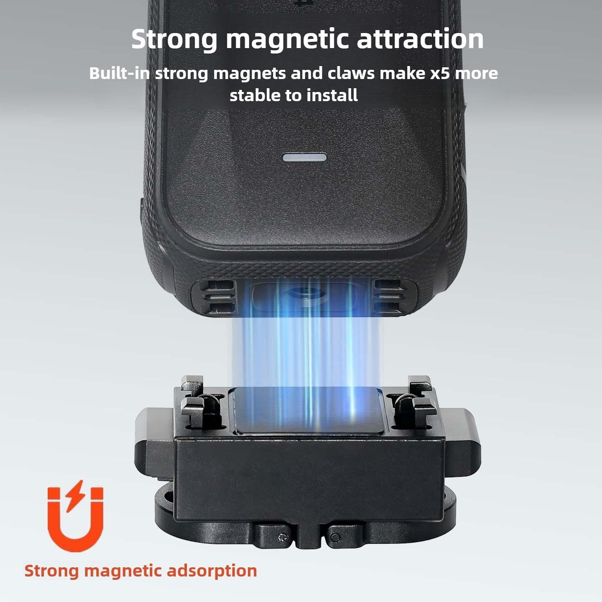 Forte attrazione magnetica: un supporto magnetico nero è attratto da un dispositivo nero.