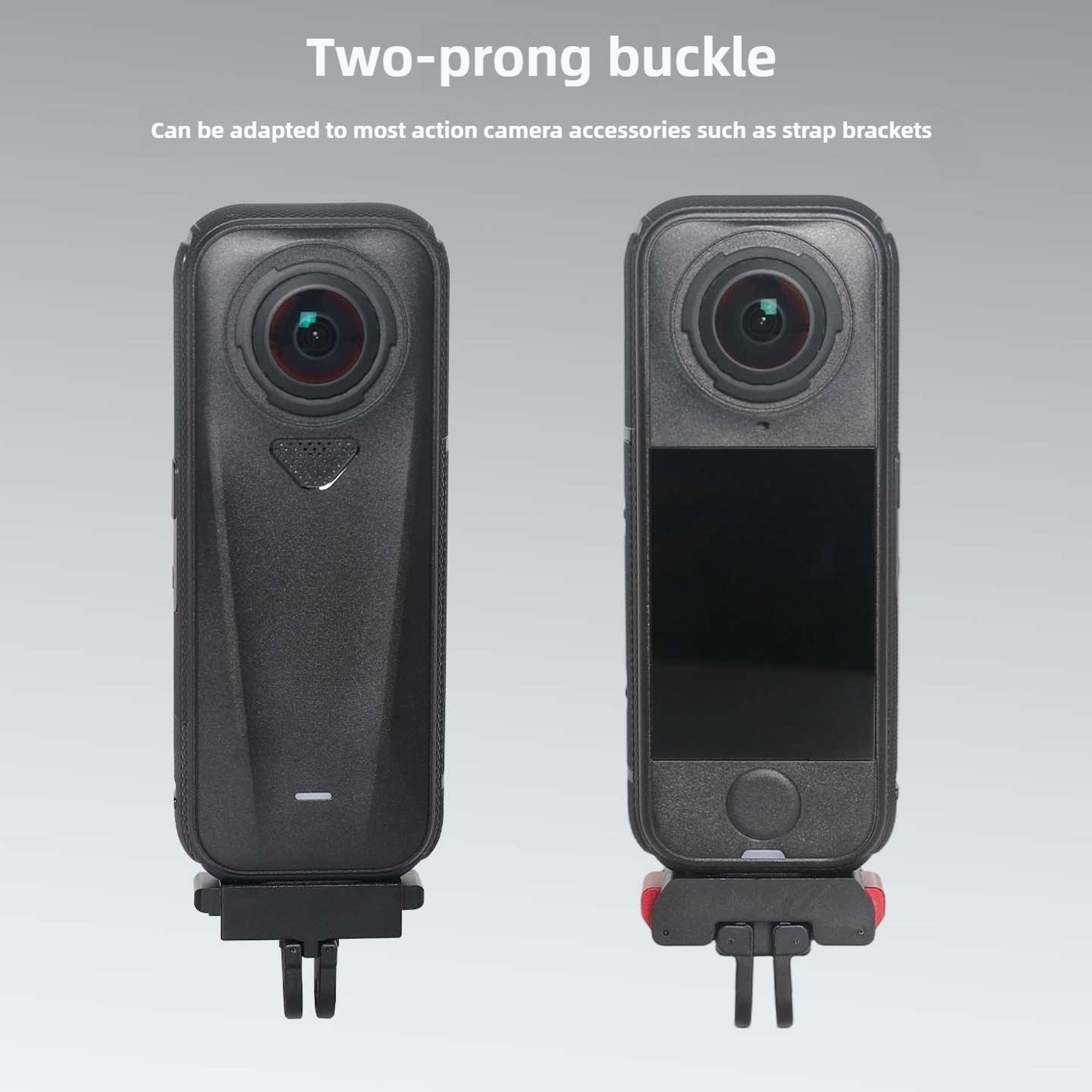 Fibbia a due rebbi per action cam con attacco.