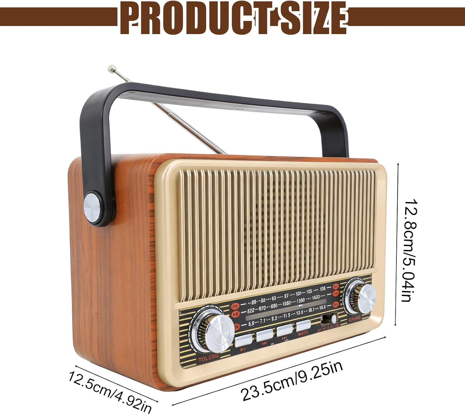Ein Holzmaser-Radio mit silbernen Knöpfen und Antenne, mit Größenangaben.