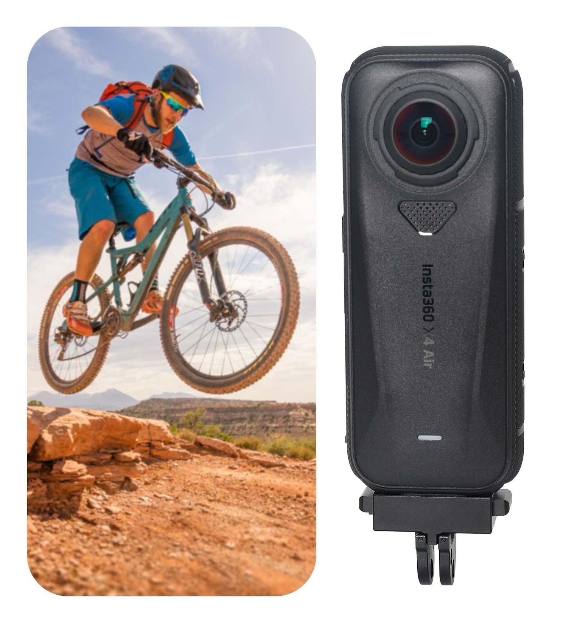 Un mountain biker salta su un sentiero roccioso, accanto una fotocamera nera.