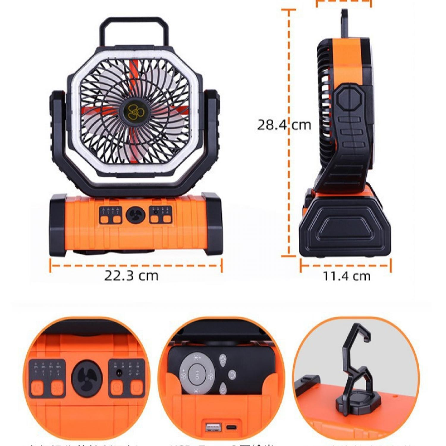 Ein orange-schwarzer Ventilator mit Maßen von 22,3 cm Breite und 28,4 cm Höhe.