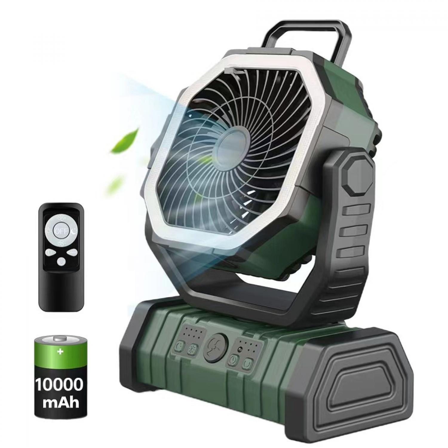 Grüner tragbarer Ventilator mit Fernbedienung und 10000 mAh Akku-Symbol.