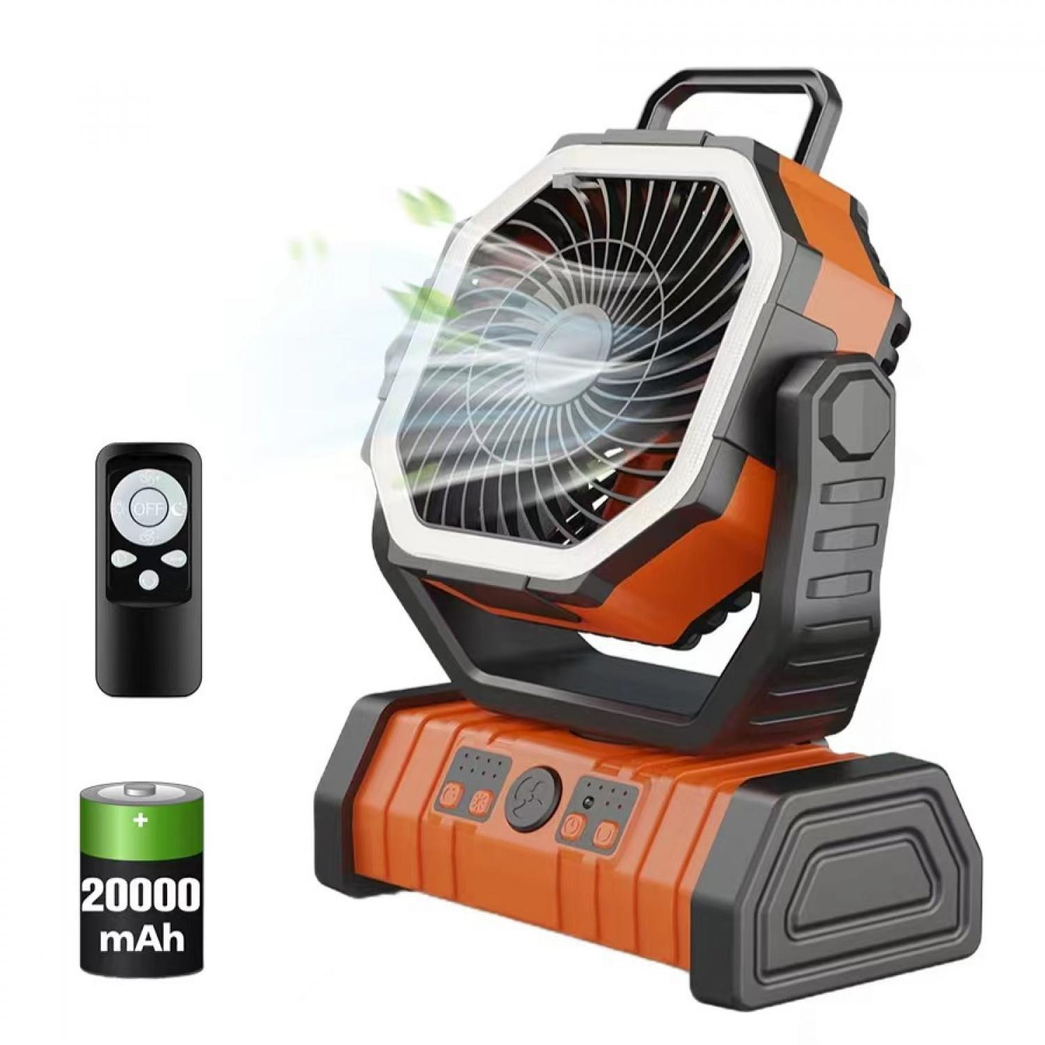 Ein orangefarbener Ventilator mit Fernbedienung und Akku-Anzeige 20000 mAh.