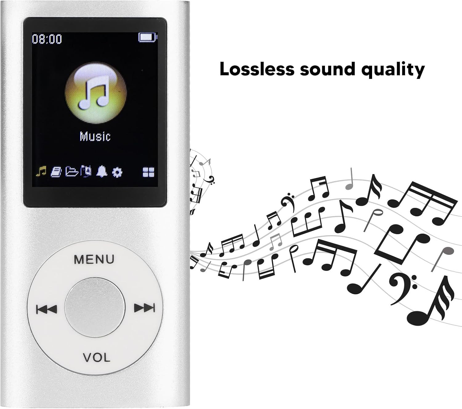 Silberner MP3-Player mit Musiknoten-Grafik und Text. Musik-Symbol auf dem Display.