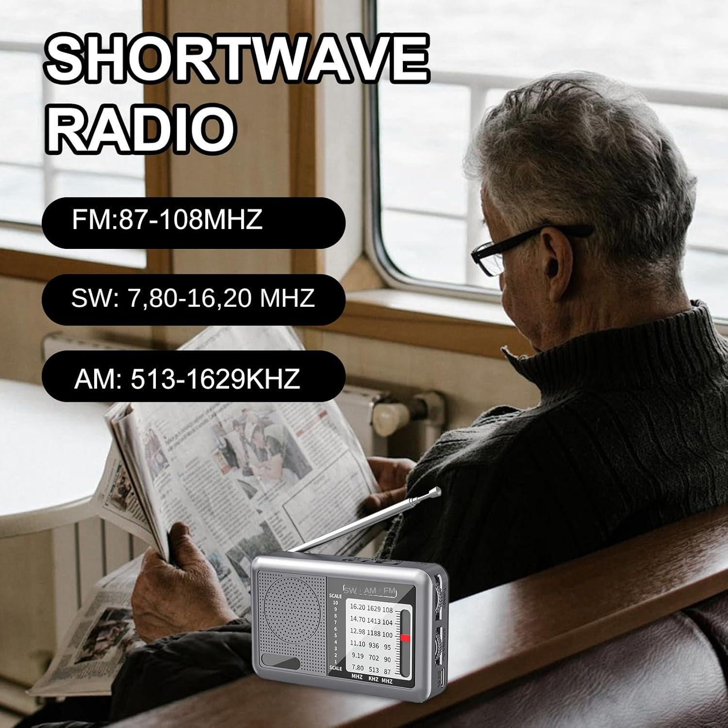 Ein älterer Mann mit Brille liest Zeitung neben einem Kurzwellenradio.