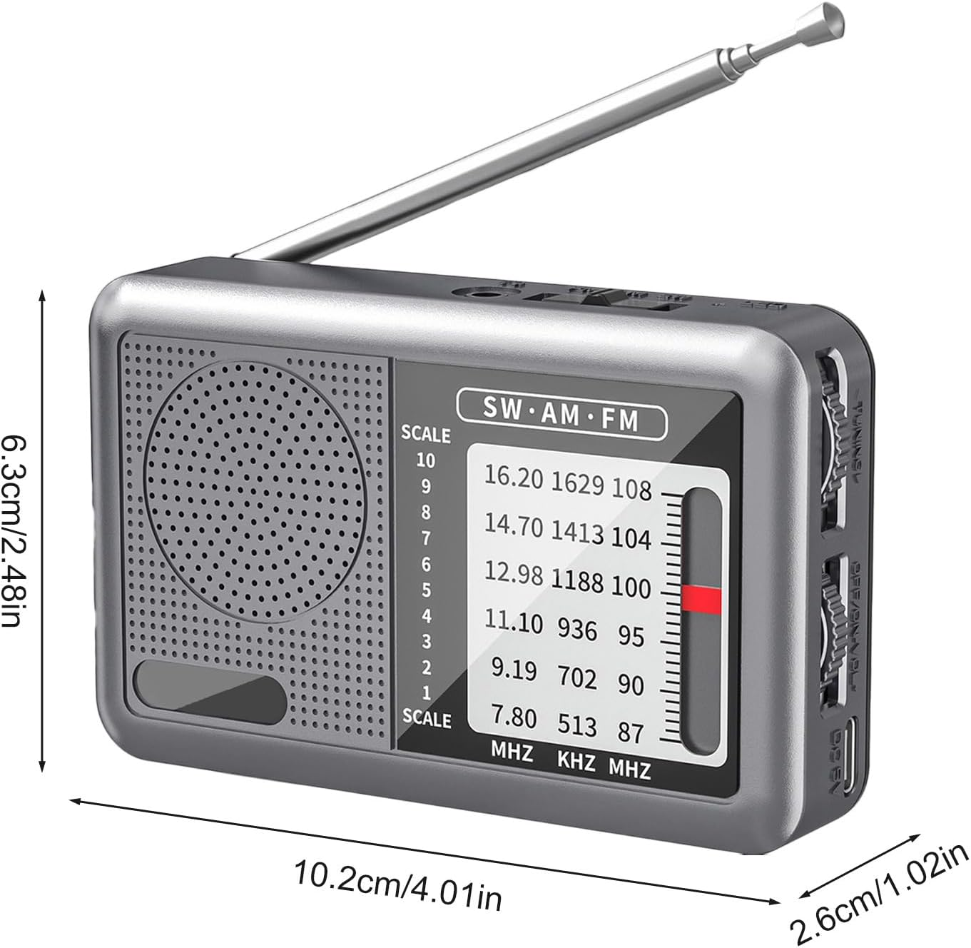 Silbernes tragbares Radio mit Teleskopantenne, Lautsprecher und Abstimmungsanzeige.