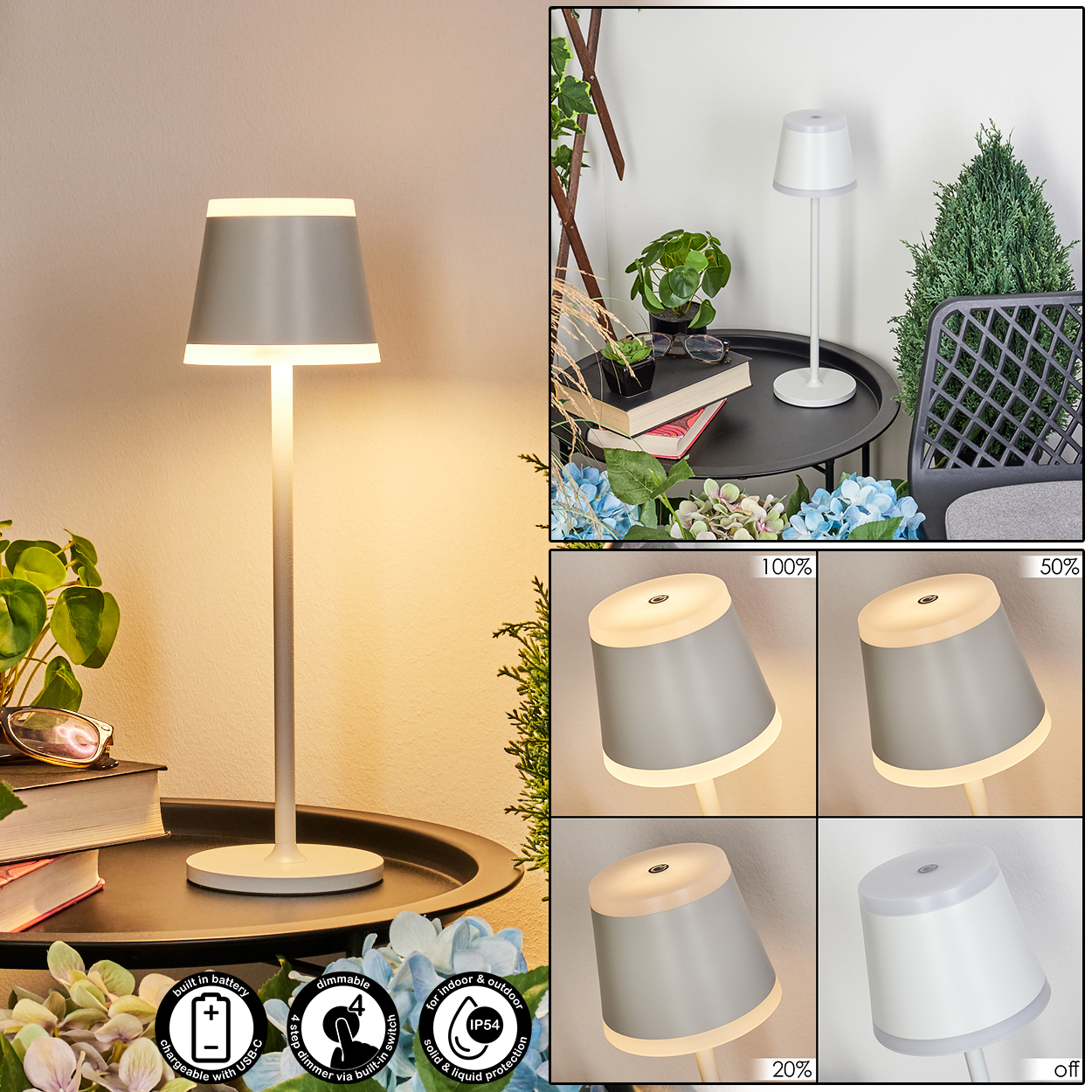 Moderne graue Tischlampe mit USB-C, dimmbar, für drinnen und draußen (IP54).
