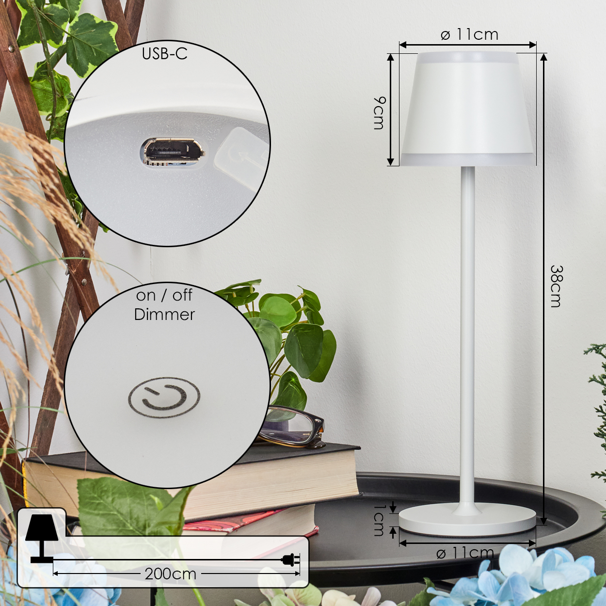 Weiße Lampe mit USB-C, Touch-Bedienung, 38cm hoch, 11cm Durchmesser.