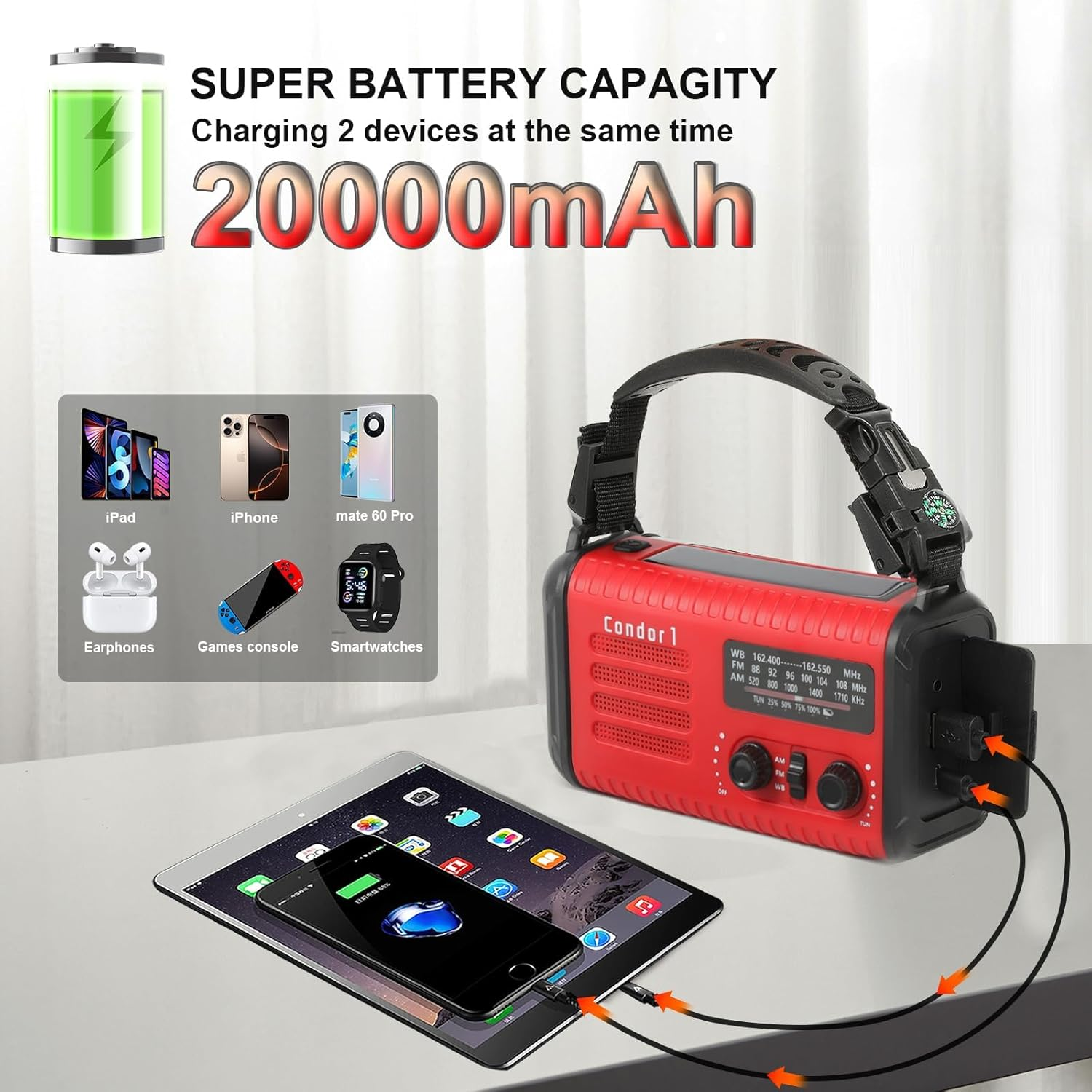 Ein rotes Condor 1 Radio mit 20.000 mAh lädt ein iPad und ein iPhone auf.