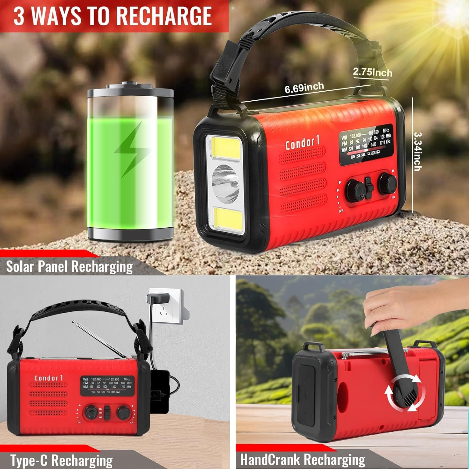 Rotes Condor 1 Radio mit Kurbel, Solar, Typ-C Aufladung und Batterieanzeige.