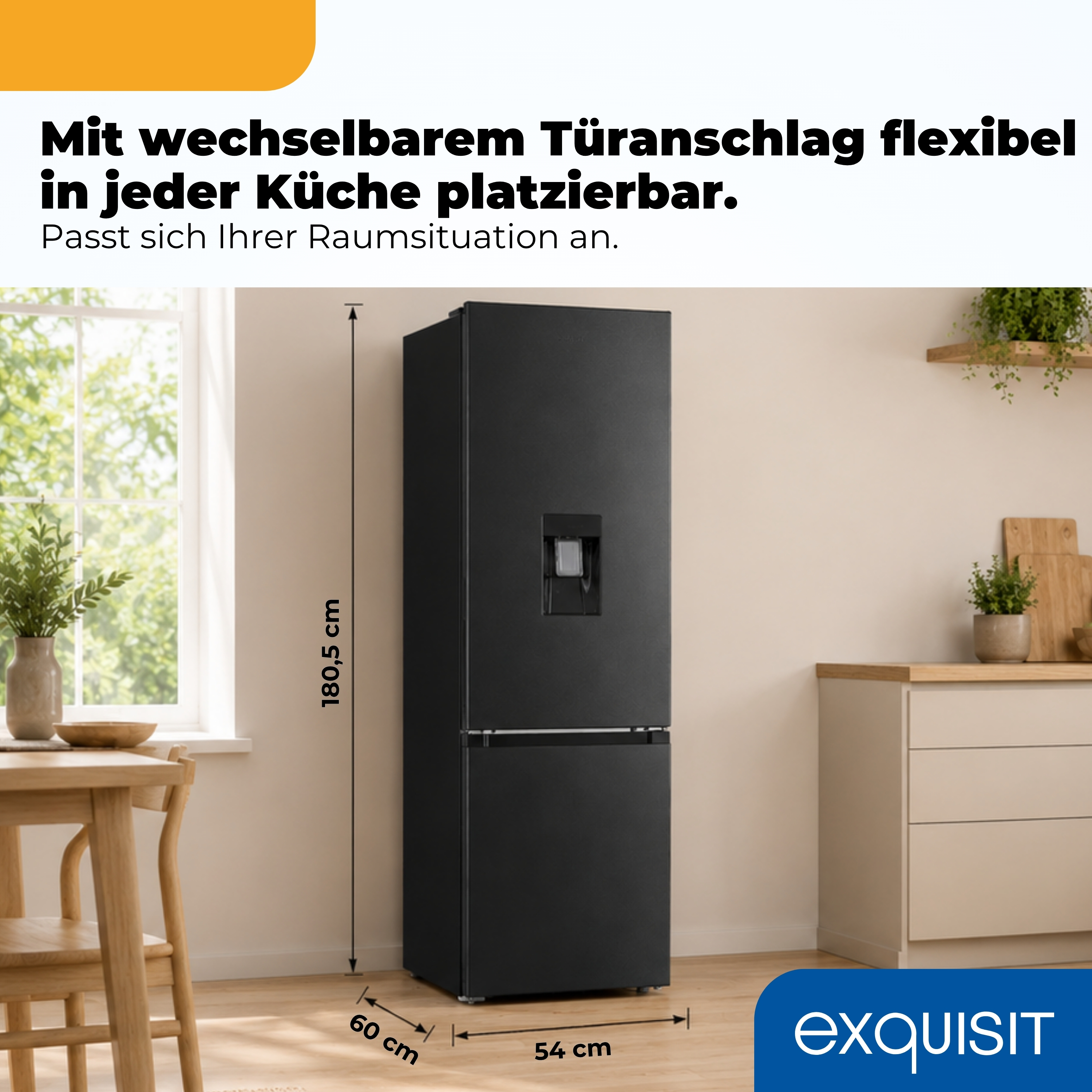 Schwarzer Kühlschrank mit Wasserspender, 180,5 cm hoch, 54 cm breit.