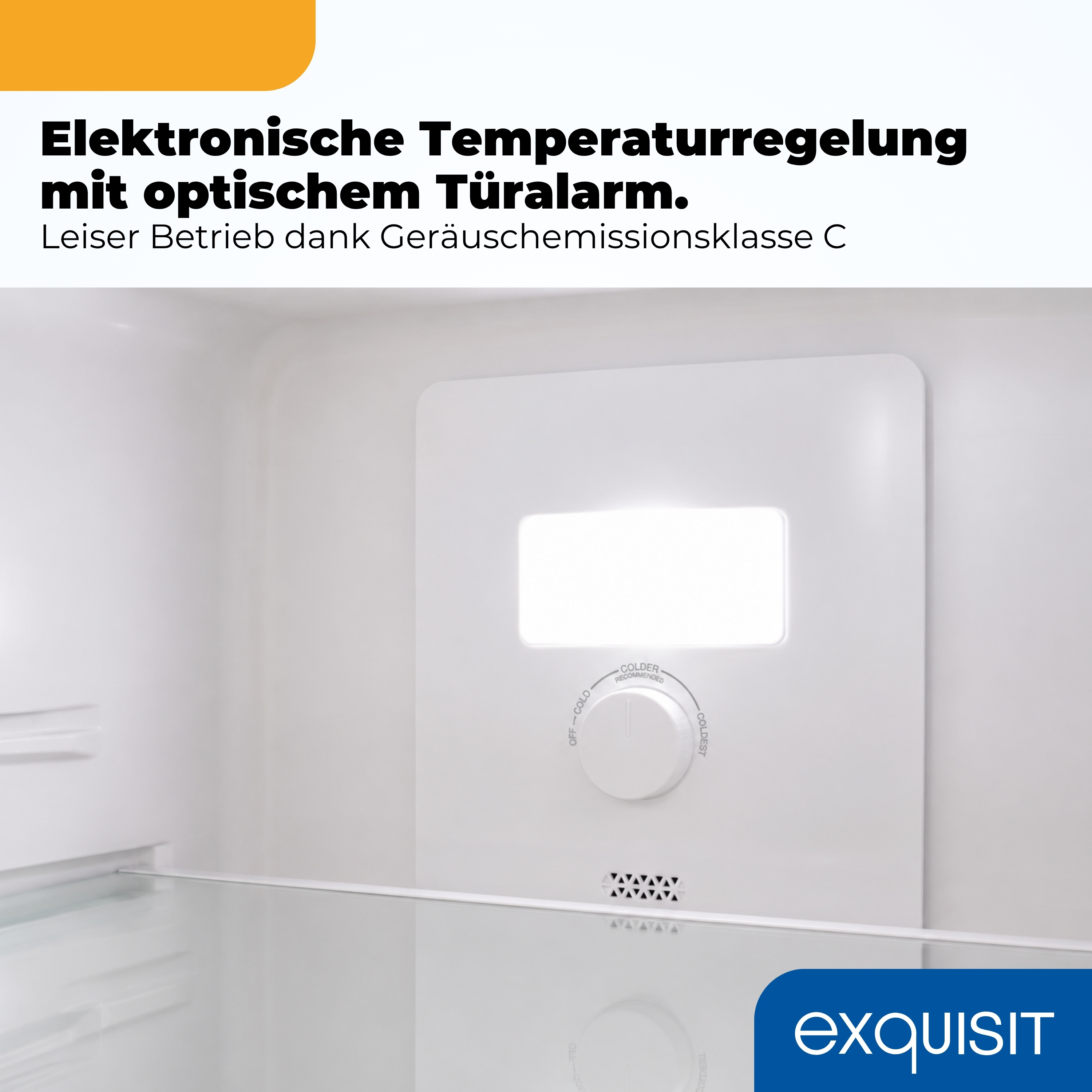 Innenansicht eines Kühlschranks mit Temperaturregler und beleuchtetem Fach.
