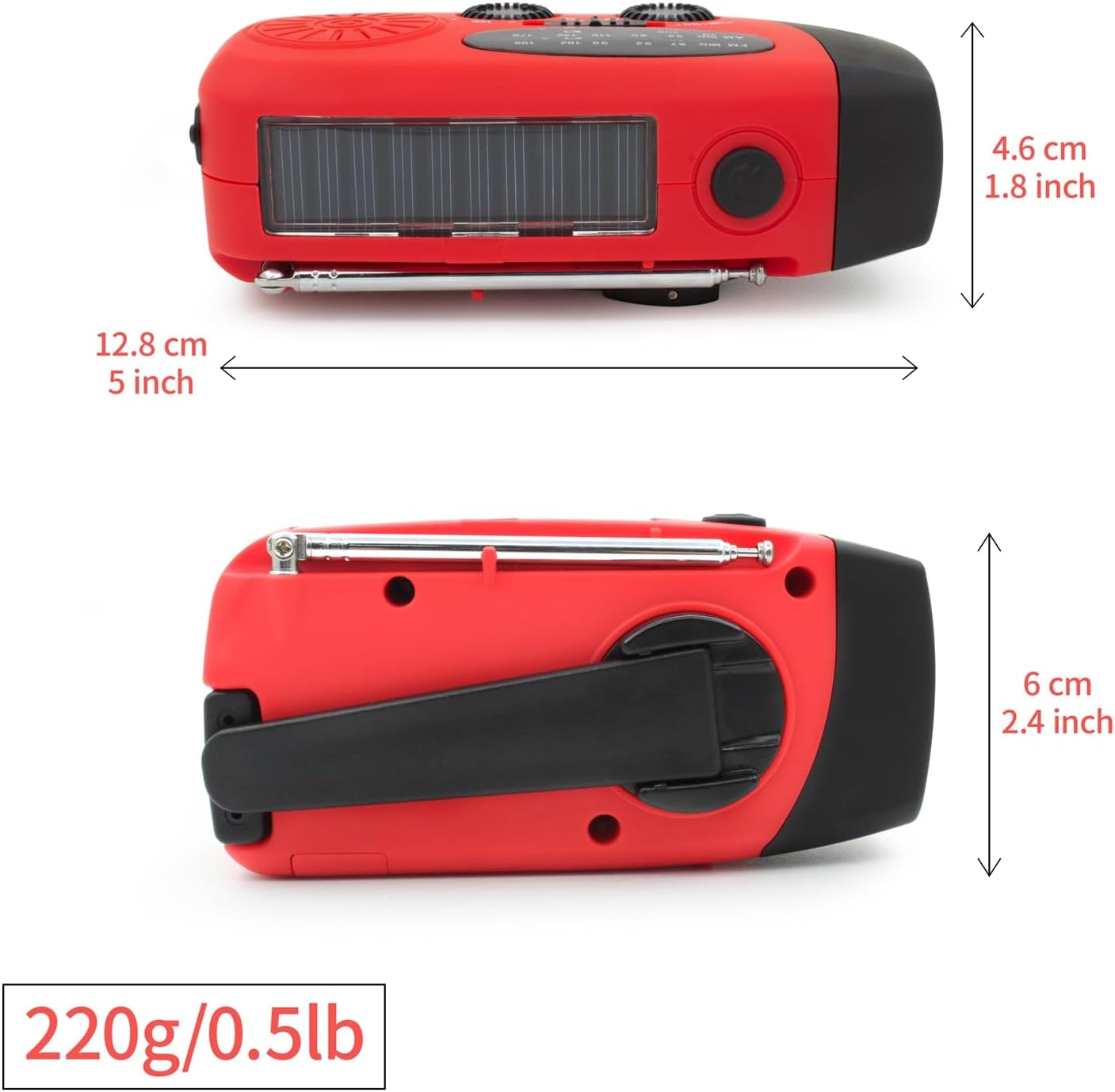 Rotes Notfallradio mit Solarpanel, Kurbel, Antenne und Größen-/Gewichtsetiketten.