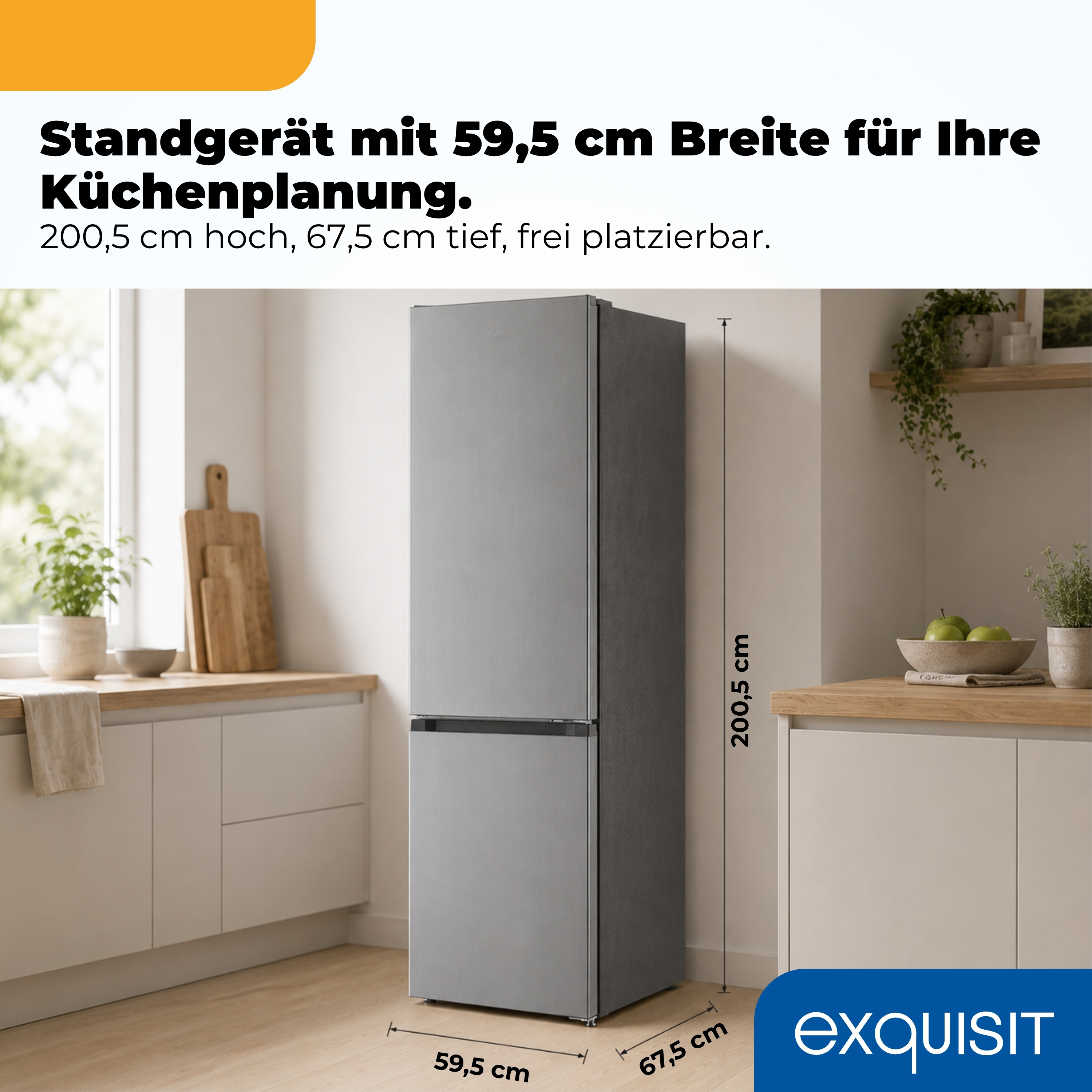 Grauer Kühlschrank mit zwei Türen in einer Küche. Maße: 200,5x59,5x67,5 cm.