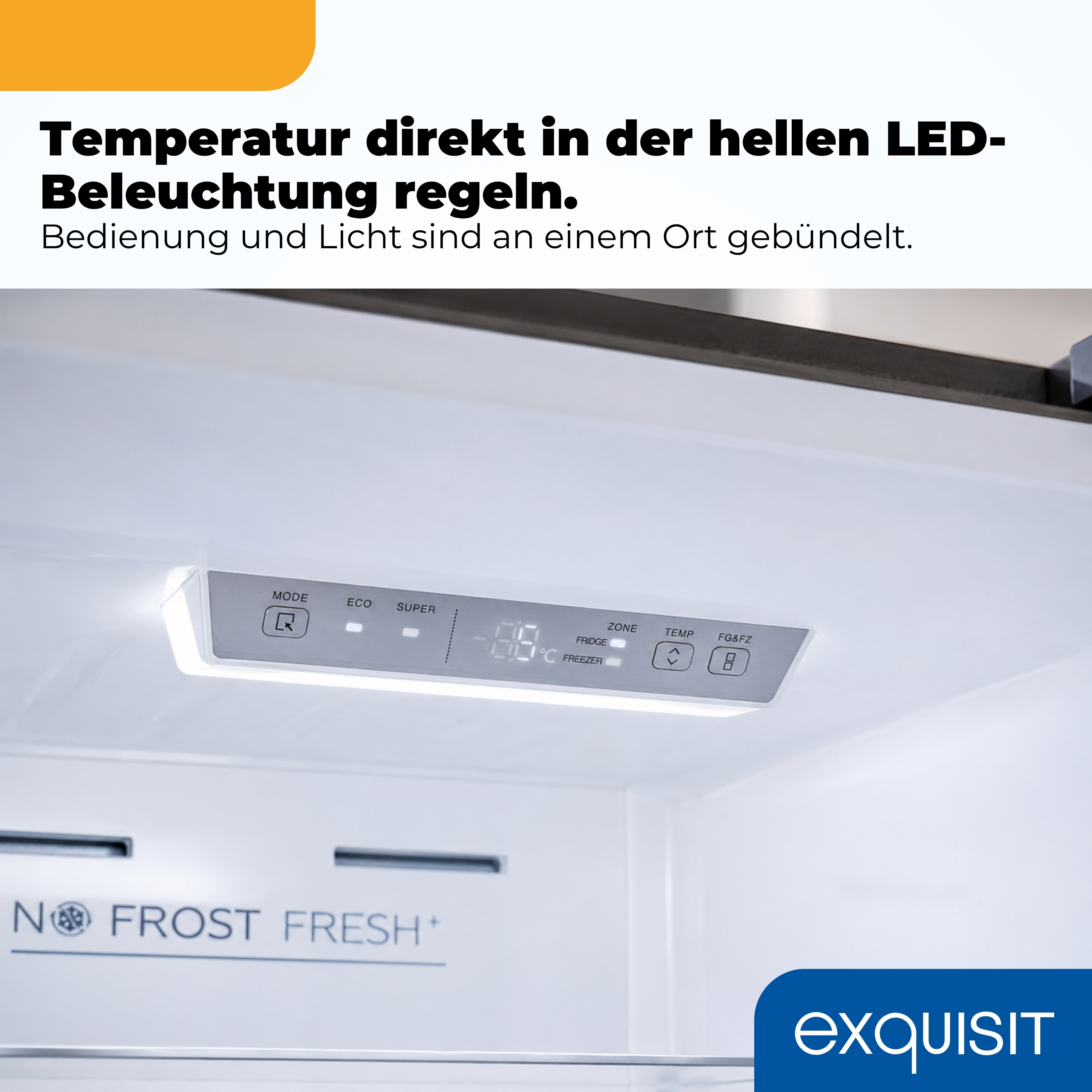 Ein Kühlschrank-Bedienfeld mit LED-Beleuchtung und Temperaturanzeige.